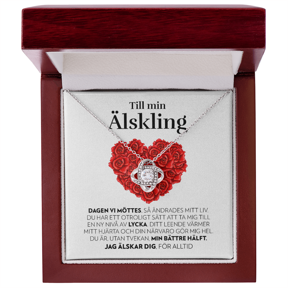 Till Min Älskling - Dagen Vi Möttes (Vitt Kort, Hjärta av Rosor) - Halsband Kärleksknop