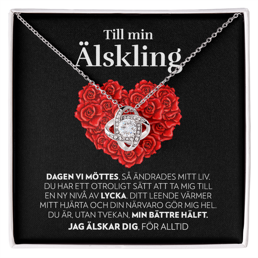 Till Min Älskling - Dagen Vi Möttes (Svart Kort, Hjärta av Rosor) - Halsband Kärleksknop
