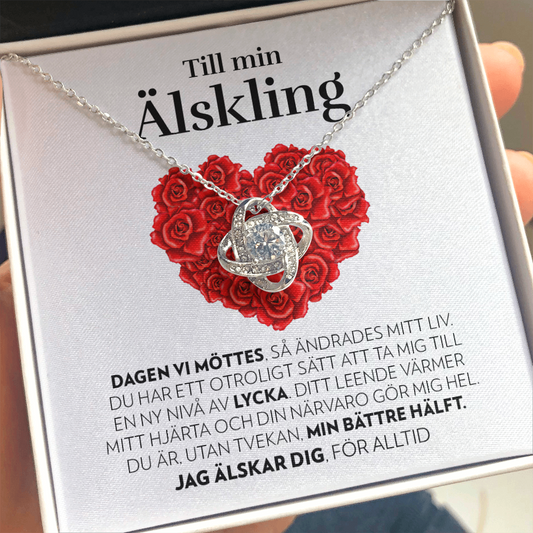 Till Min Älskling - Dagen Vi Möttes (Vitt Kort, Hjärta av Rosor) - Halsband Kärleksknop