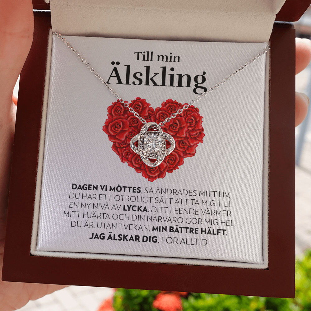 Till Min Älskling - Dagen Vi Möttes (Vitt Kort, Hjärta av Rosor) - Halsband Kärleksknop